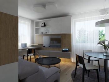 Rekonstrukce pokoje bytu pět v jednom - kuchyně, obývací pokoj, ložnice, jídelna a šatna